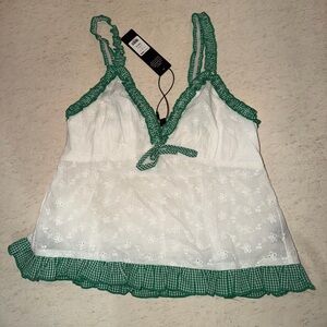 Fashion Nova Green and White Lace Trim Top